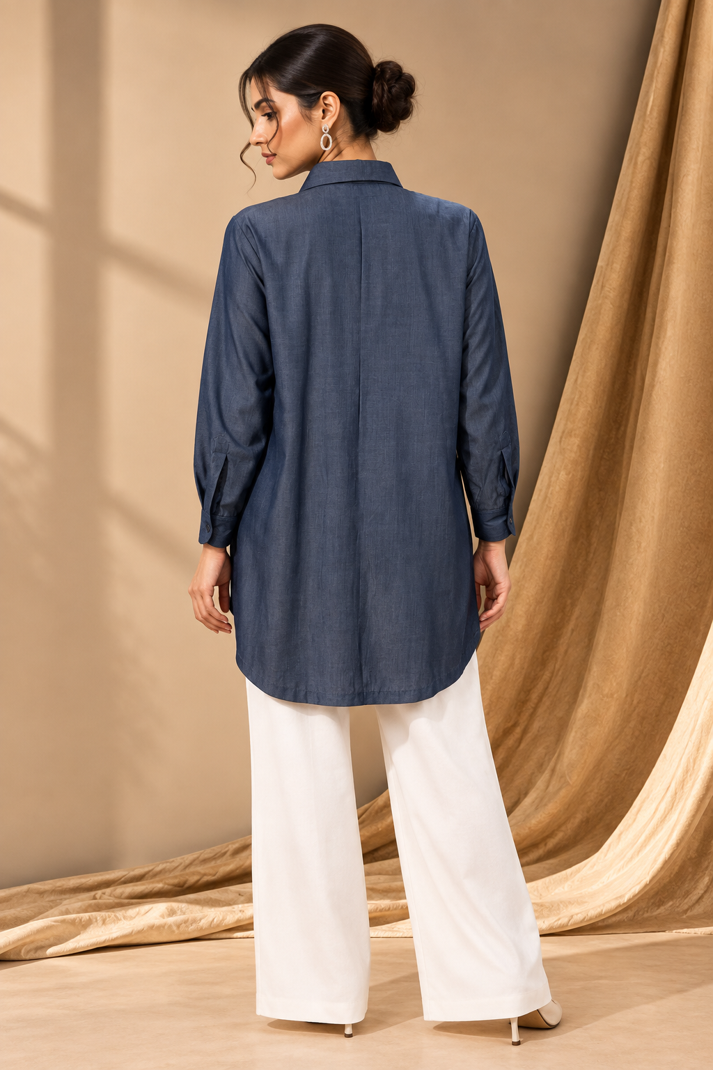 INDIGO SOFT DENIM FLORAL EMBROIDERED SHIRT