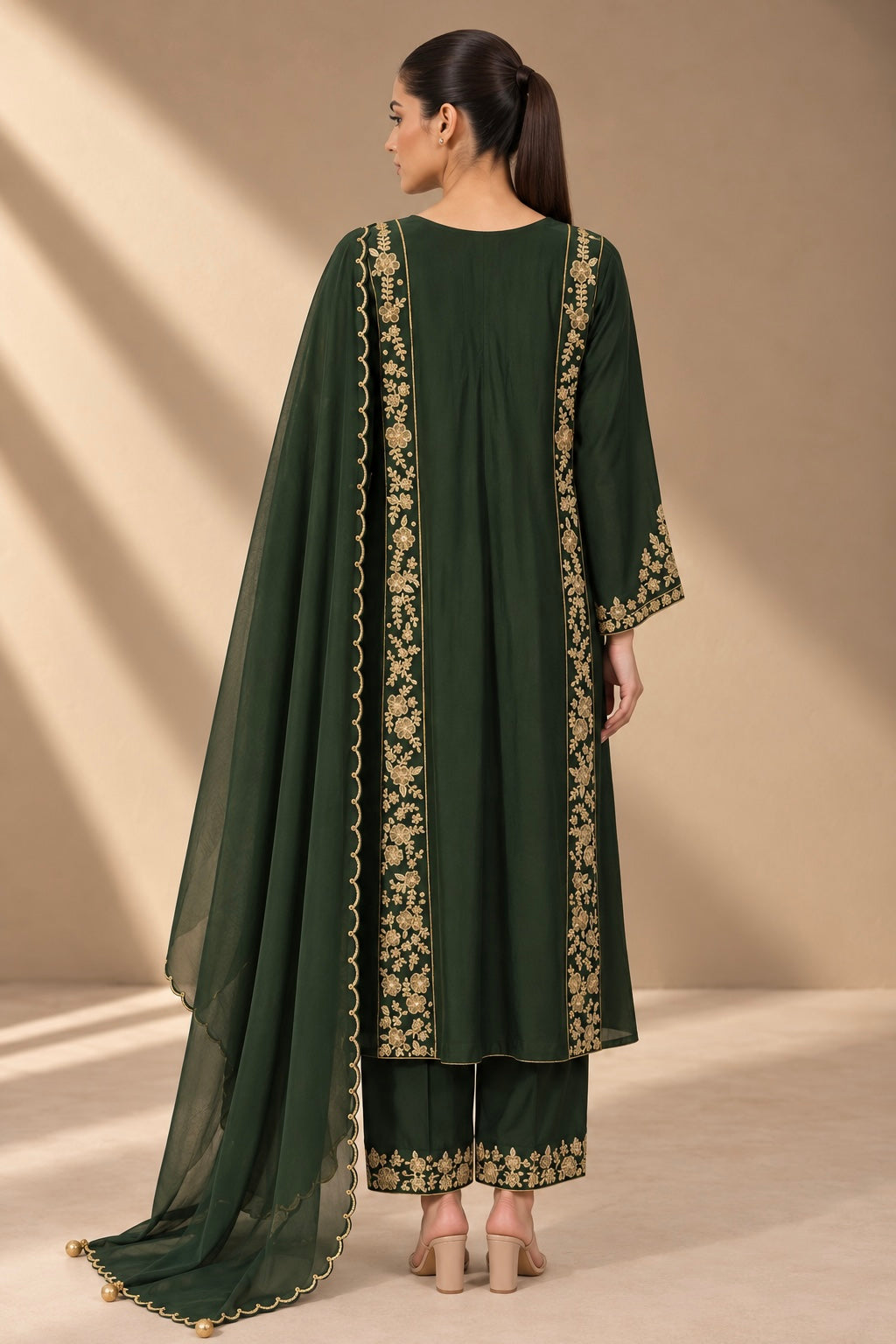 RIPE GREEN EMBROIDERED CHANDERI KURTA SET