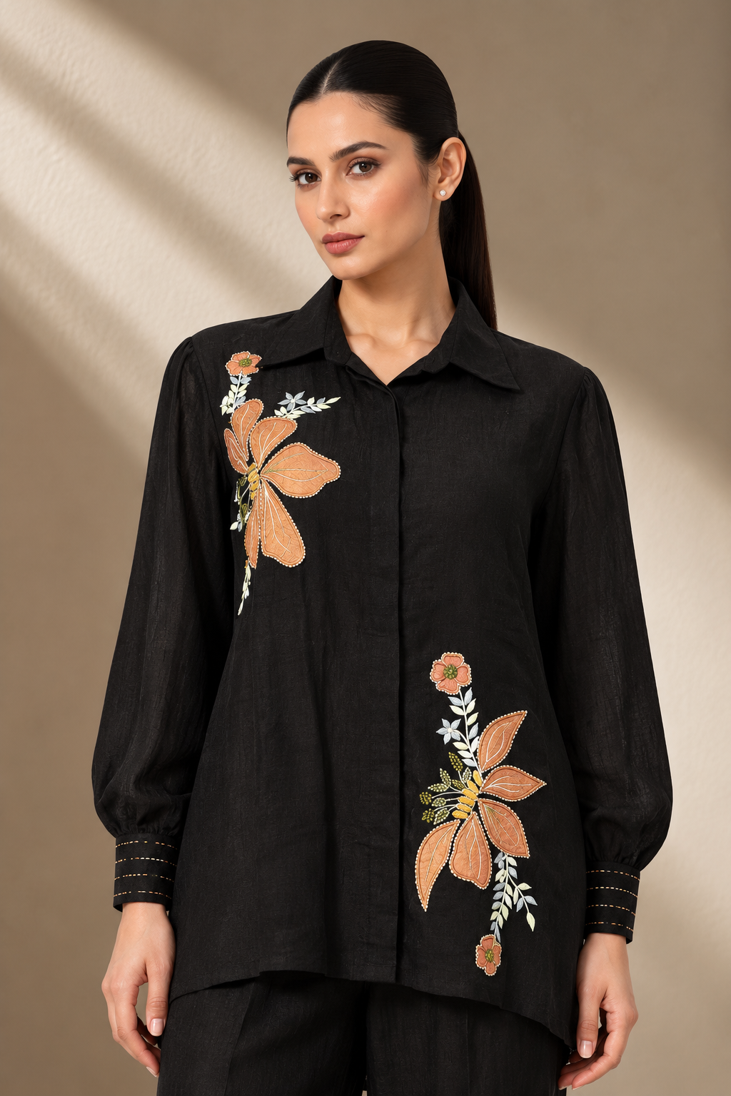 BLACK LINEN APPLIQUE CO-ORD SET