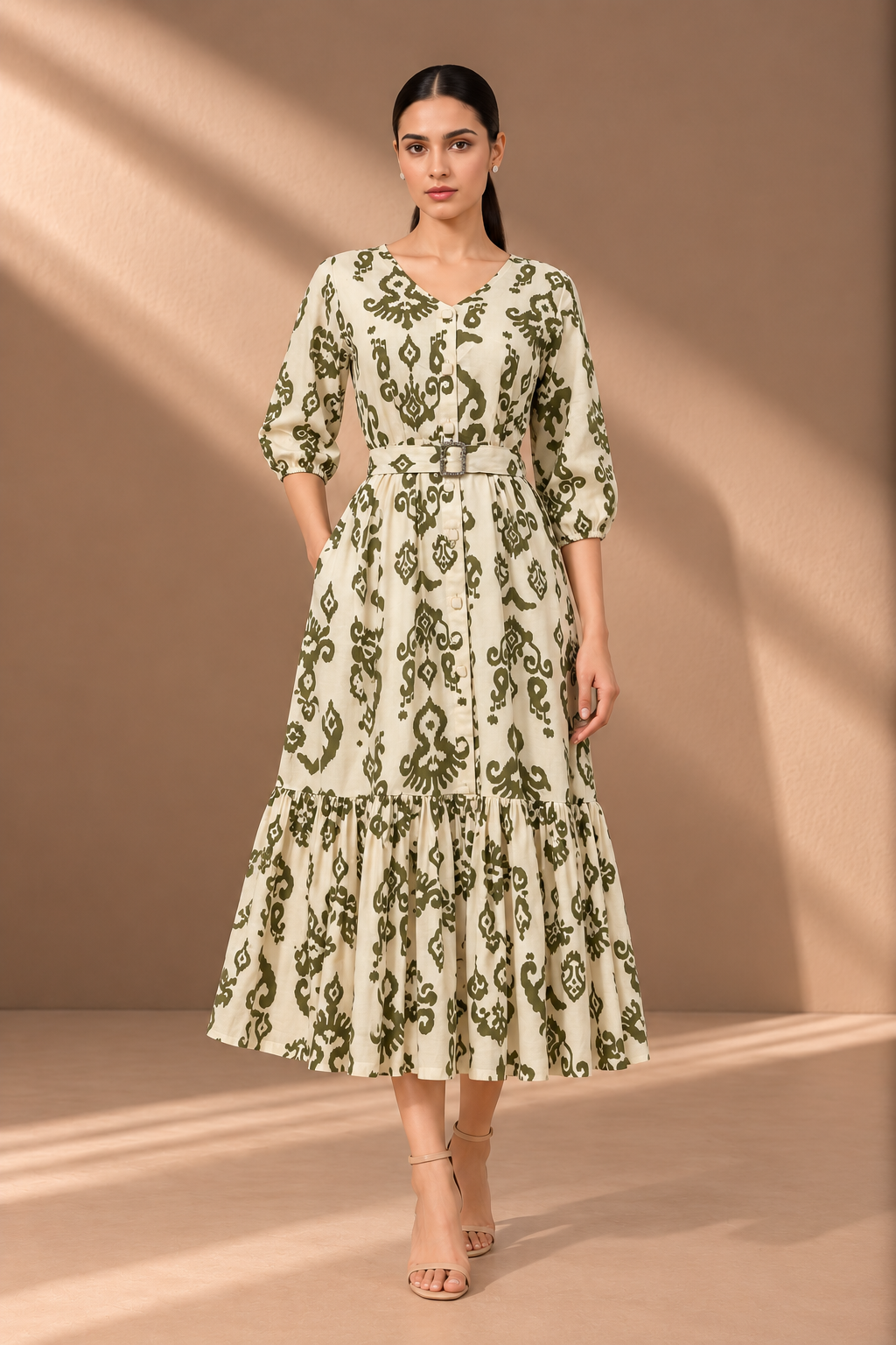 OLIVE GREEN PRINTED LINEN DRESS