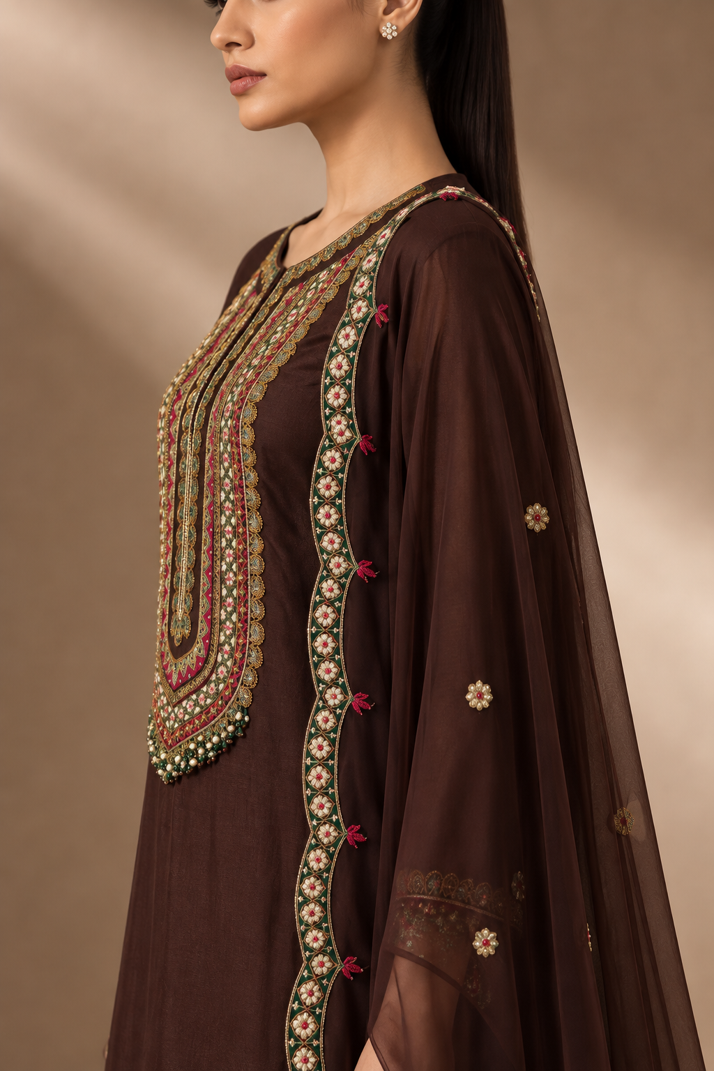 CHOCOLATE BROWN EMBROIDERED KURTA SET