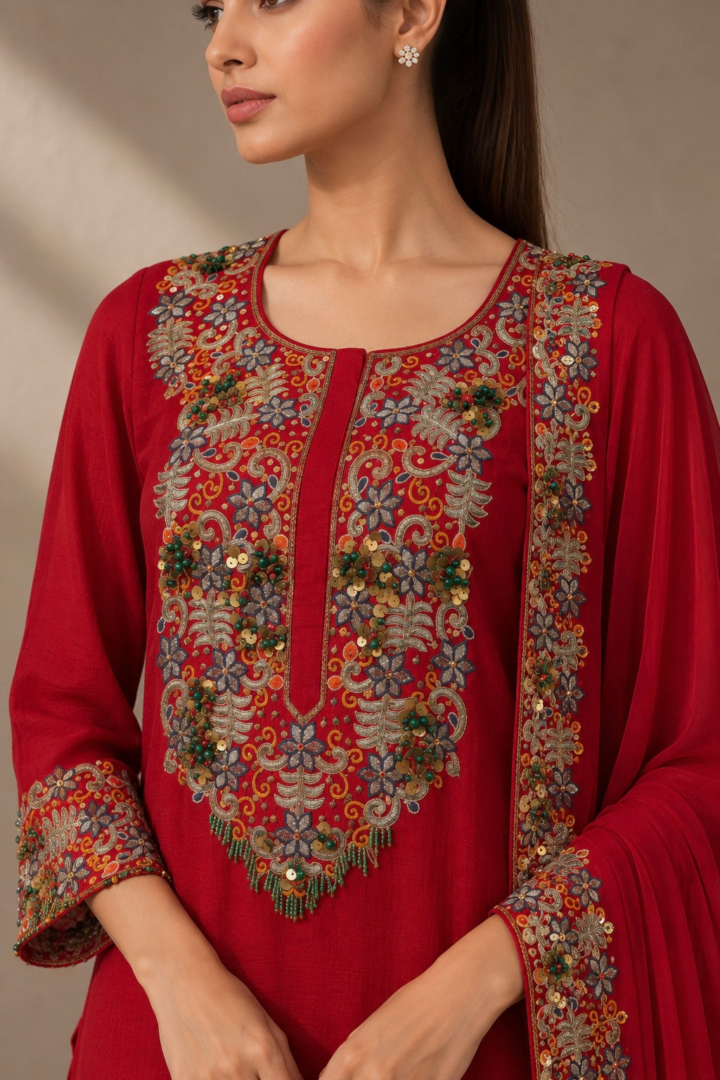 RED EMBROIDERED KURTA & SHARARA SET