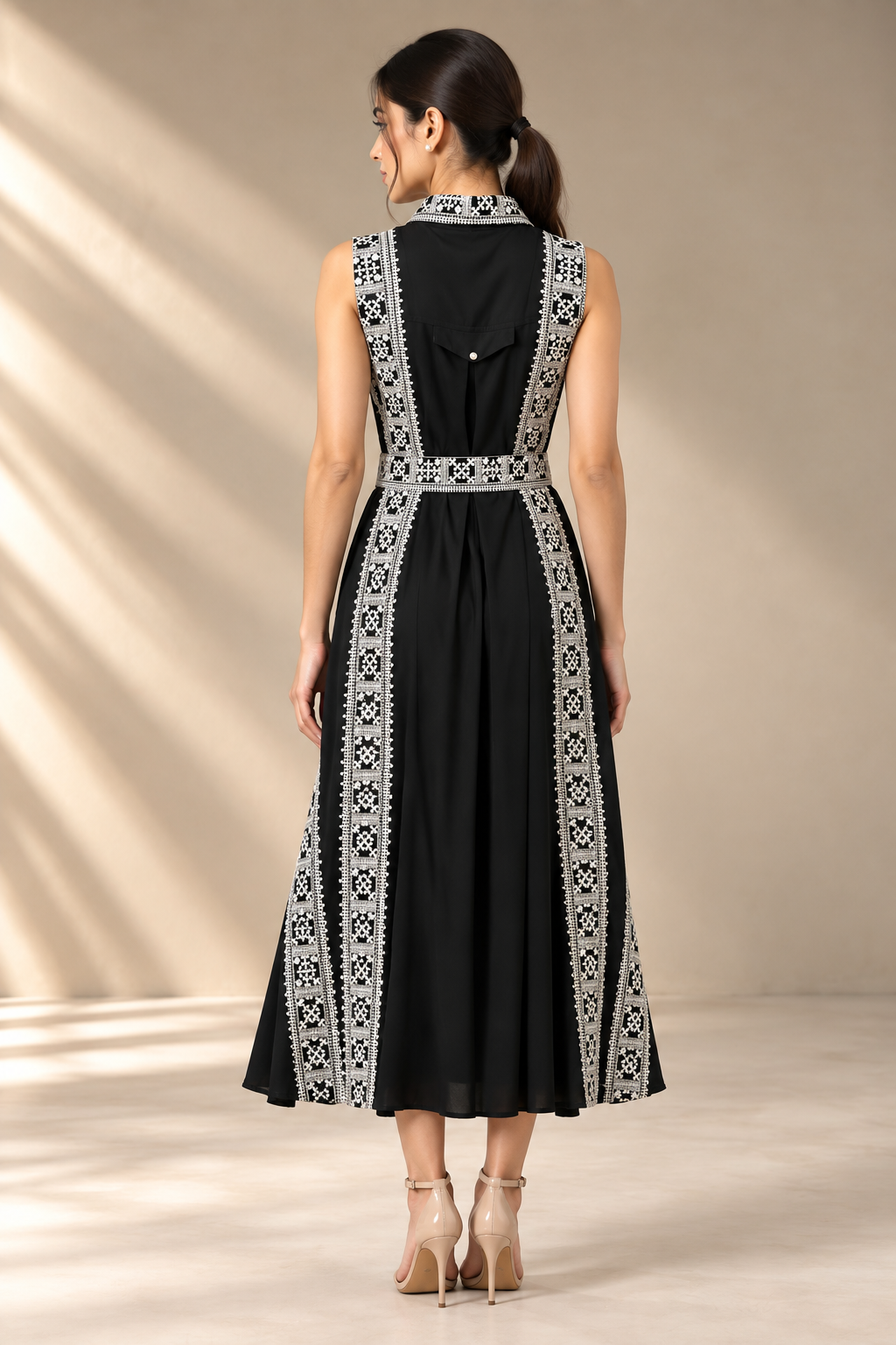 BLACK COTTON WHITE THREADWORK DRESS