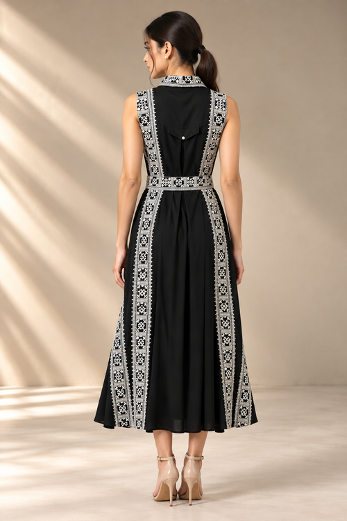 BLACK COTTON WHITE THREADWORK DRESS