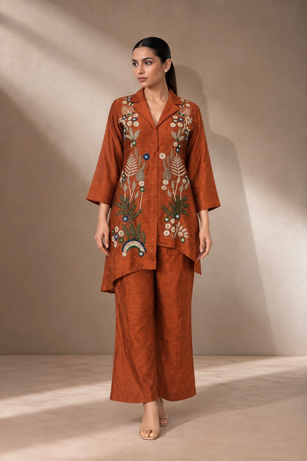 RUST ORANGE EMBROIDERED CO-ORD SET