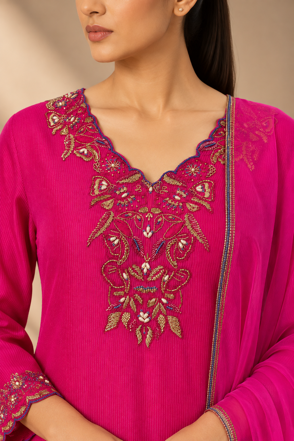 FUCHSIA EMBROIDERED TEXTURED NET KURTA SET