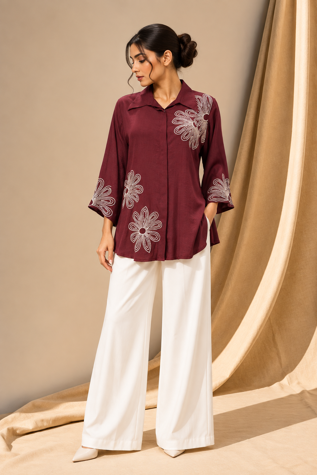 BURGUNDY FLORAL EMBROIDERED SHIRT