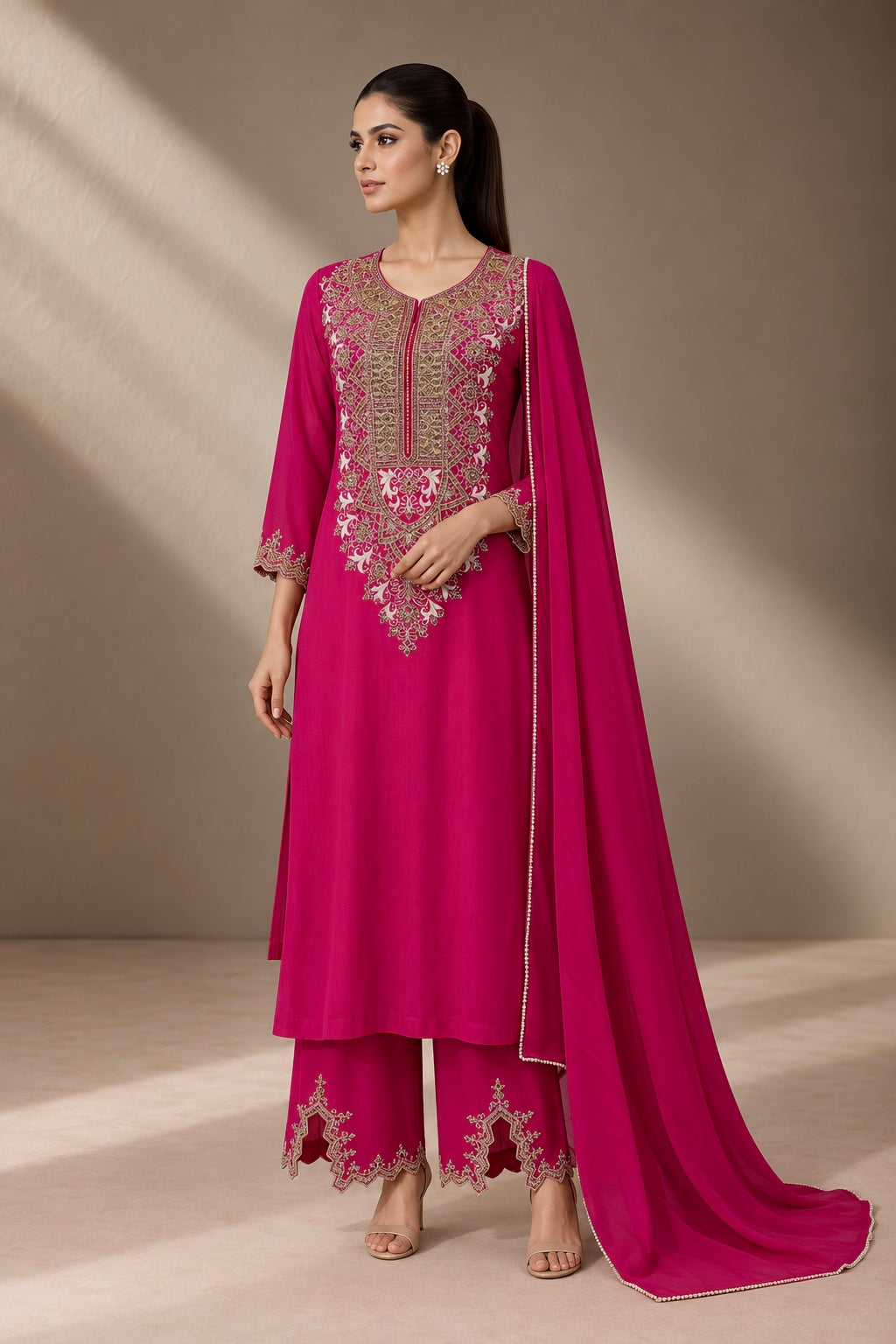 FUCHSIA PINK EMBROIDERED KURTA SET
