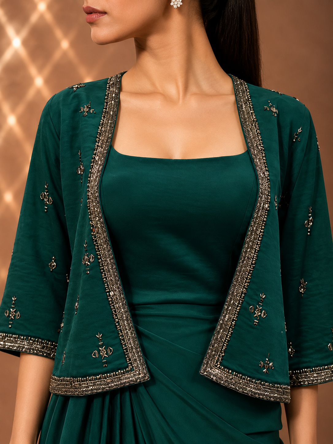 EMERALD GREEN DRAPED DRESS WITH EMBELLISHED JACKET