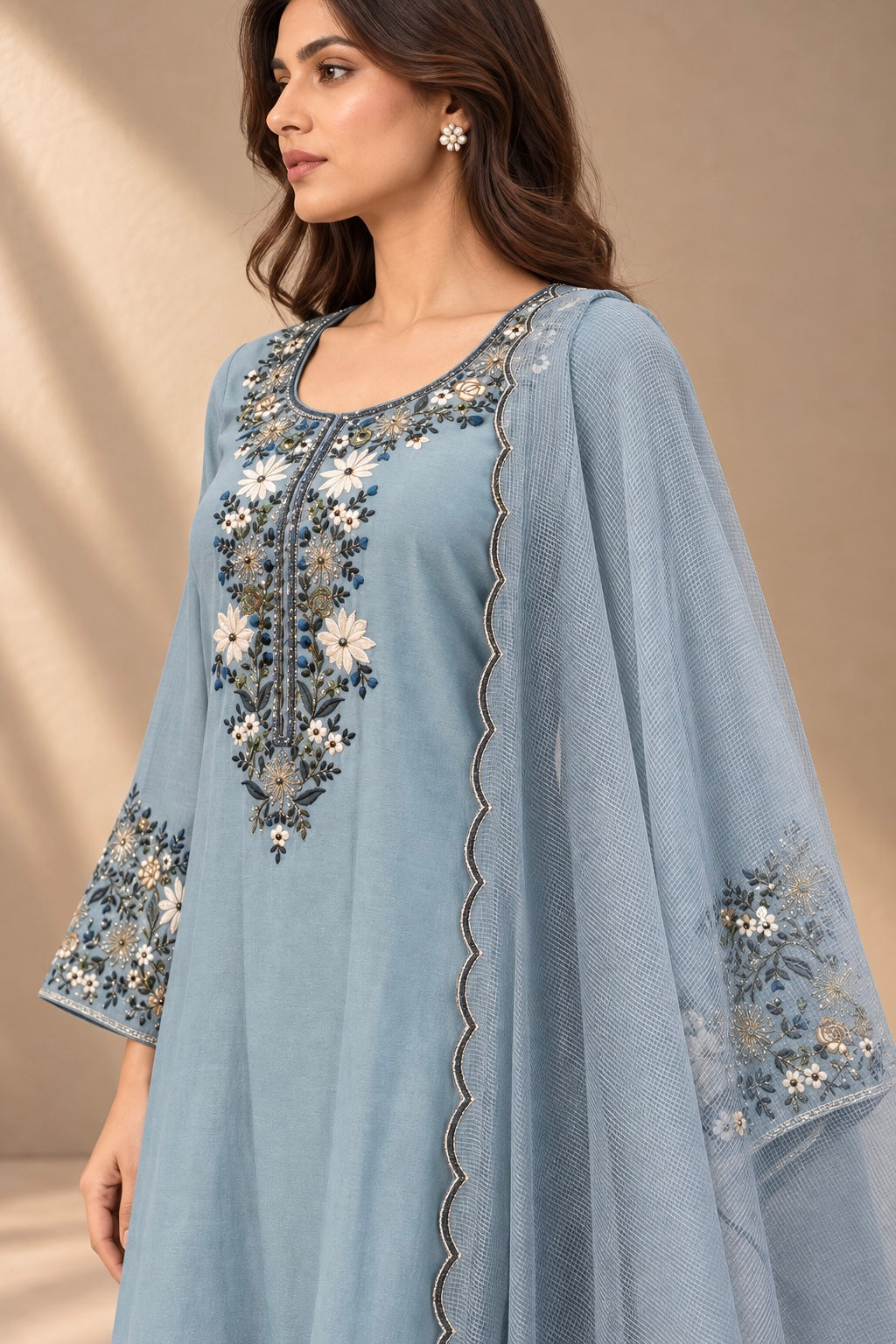 POWDER BLUE EMBROIDERED CHANDERI KURTA SET