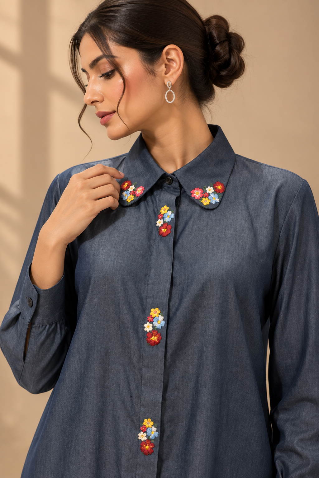 INDIGO SOFT DENIM FLORAL EMBROIDERED SHIRT