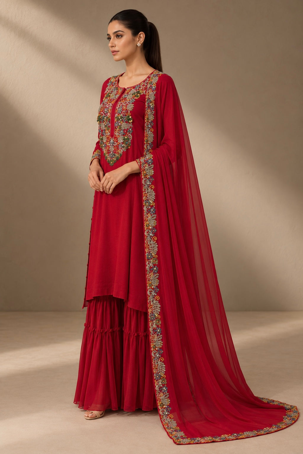 RED EMBROIDERED KURTA & SHARARA SET