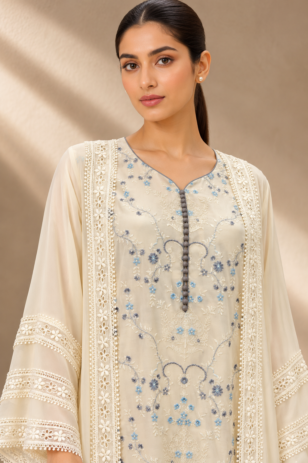 IVORY FLORAL EMBROIDERED CHANDERI SET