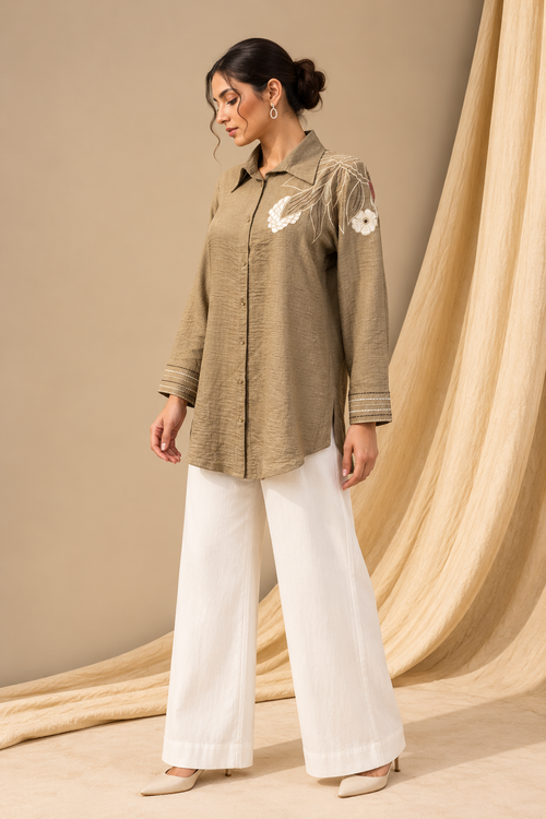 BEIGE TEXTURED THREADWORK SHIRT