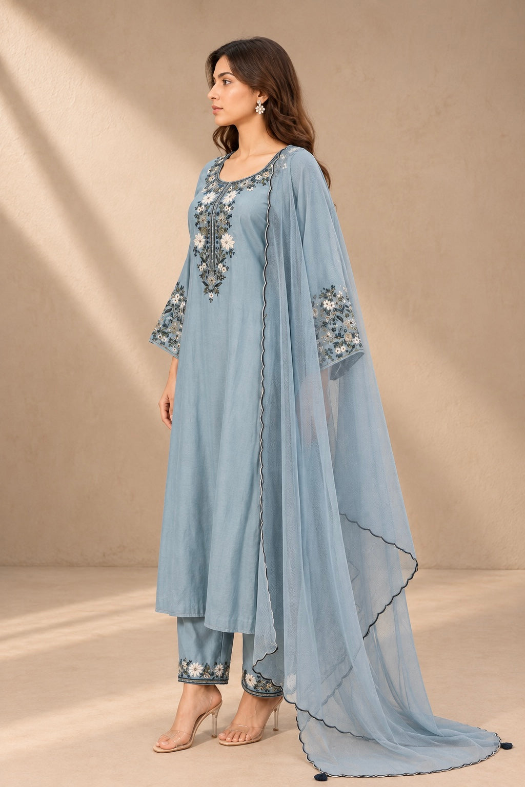 POWDER BLUE EMBROIDERED CHANDERI KURTA SET