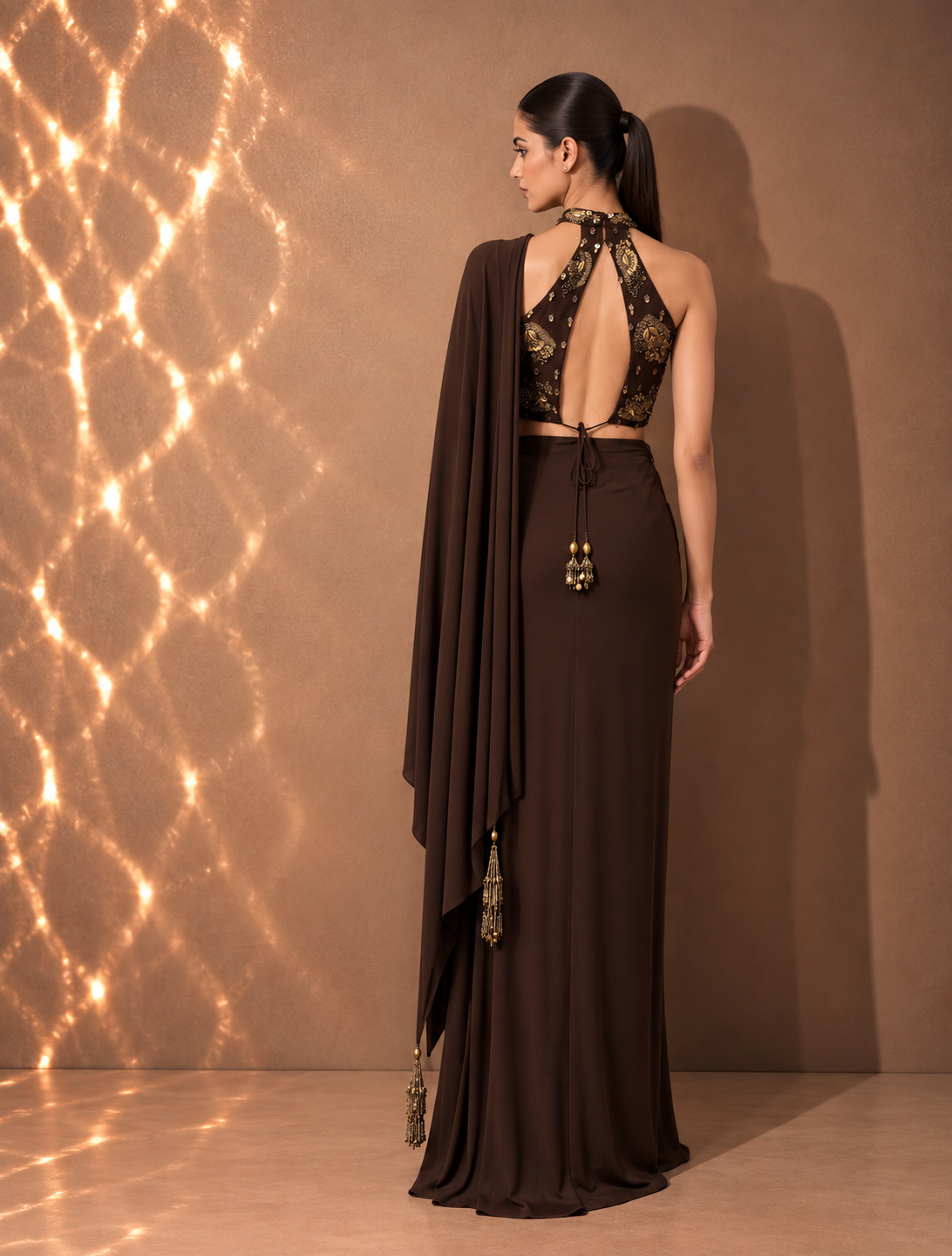 CHOCOLATE BROWN DRAPED SAREE