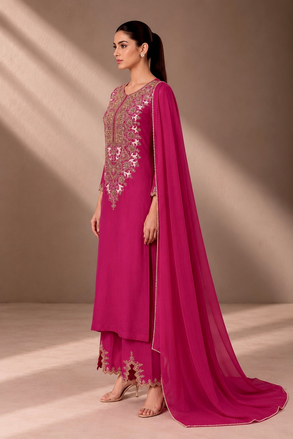 FUCHSIA PINK EMBROIDERED KURTA SET