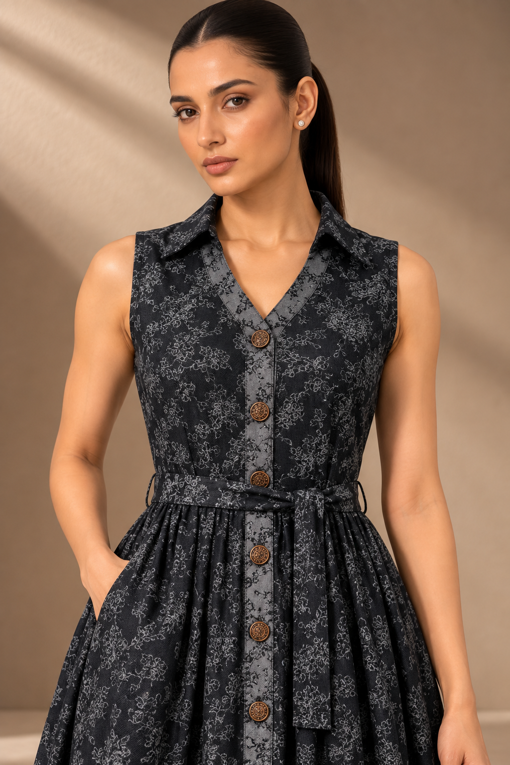 BLACK COTTON JACQUARD THREADWORK DRESS