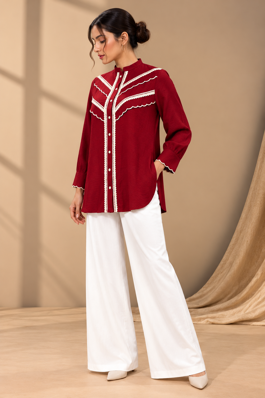CRIMSON SCALLOP- TRIM SHIRT