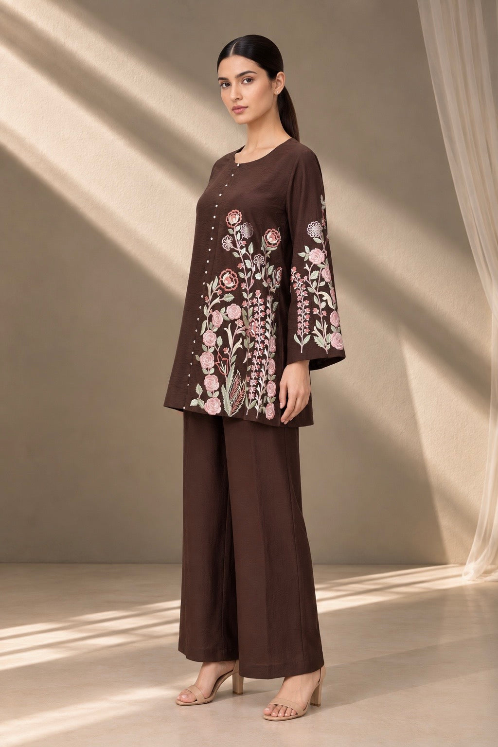 BROWN FLORAL EMBROIDERED CO-ORD SET