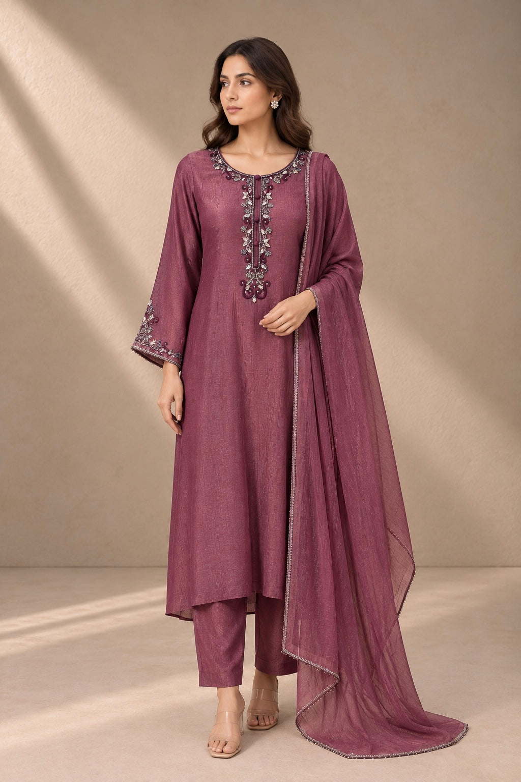 DUSTY MAUVE EMBROIDERED KURTA SET