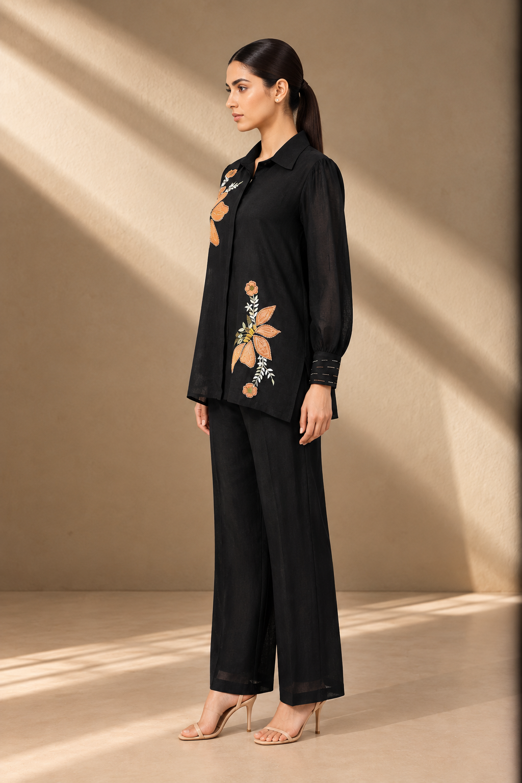 BLACK LINEN APPLIQUE CO-ORD SET