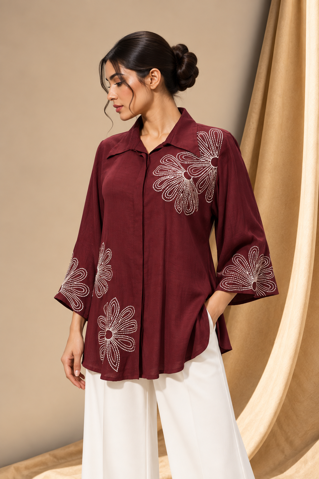 BURGUNDY FLORAL EMBROIDERED SHIRT