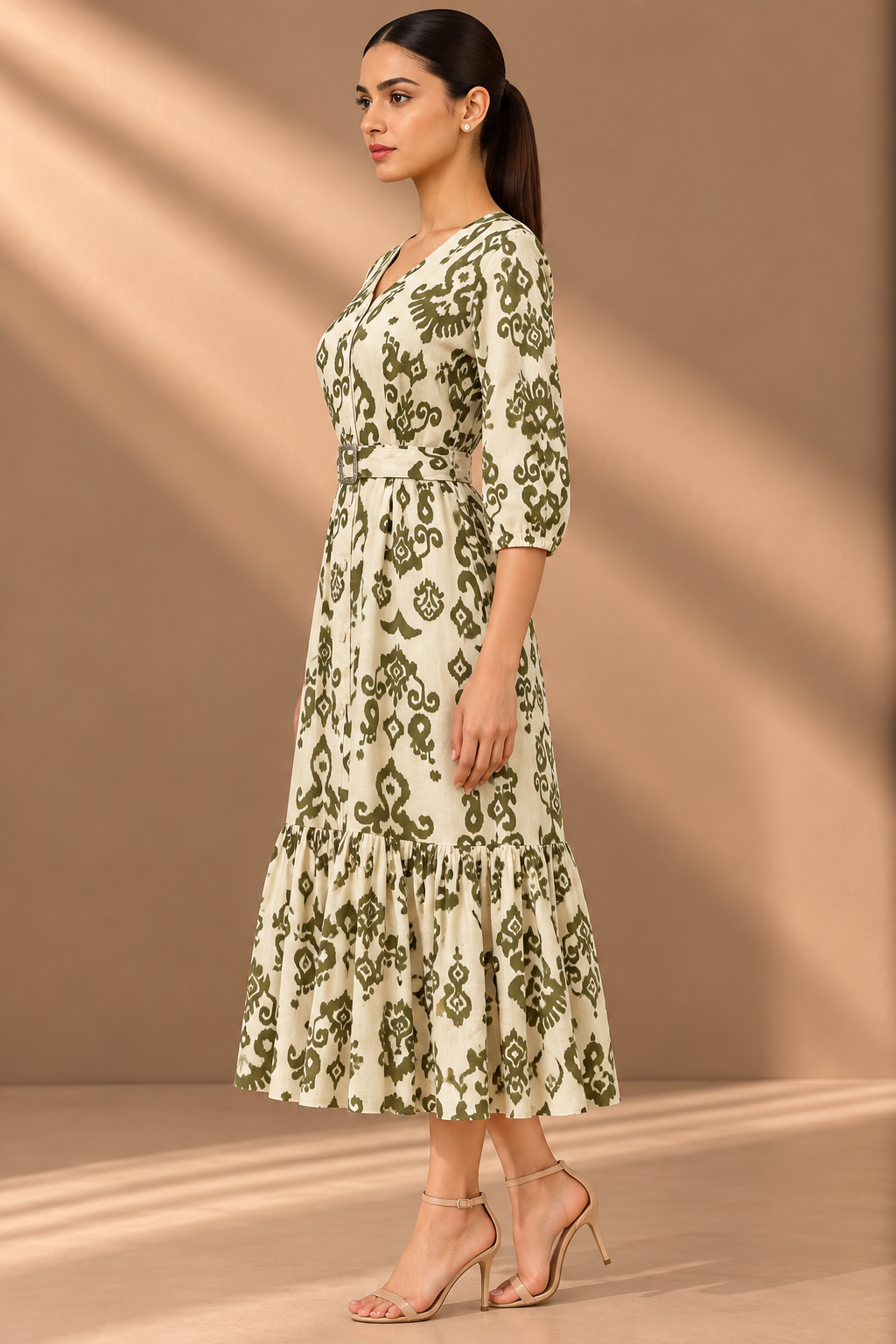 OLIVE GREEN PRINTED LINEN DRESS