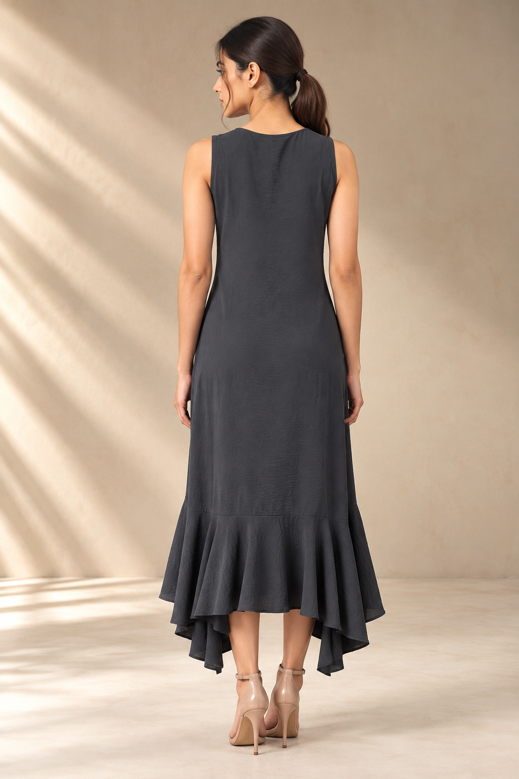 CHARCOAL GREY FLORAL EMBROIDERED FLARED DRESS