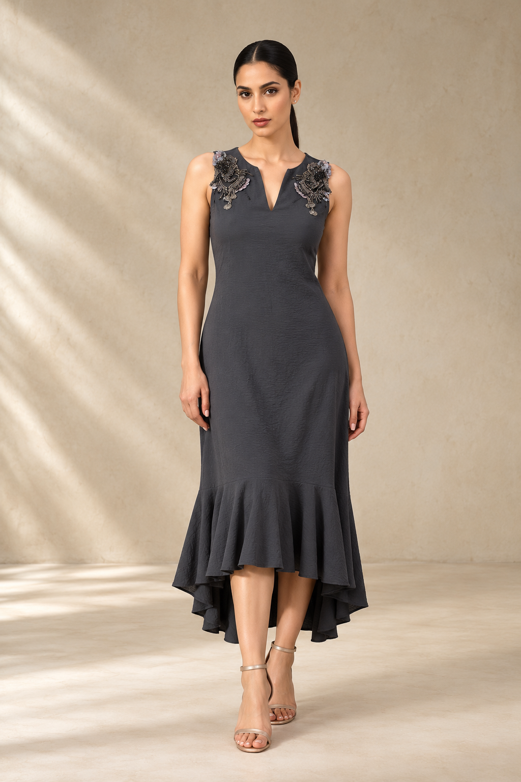 CHARCOAL GREY FLORAL EMBROIDERED FLARED DRESS