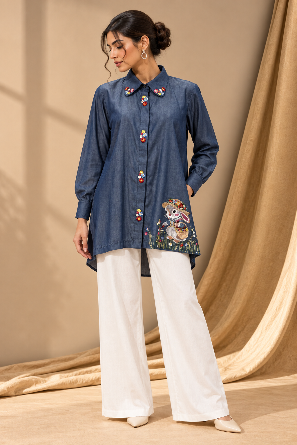 INDIGO SOFT DENIM FLORAL EMBROIDERED SHIRT