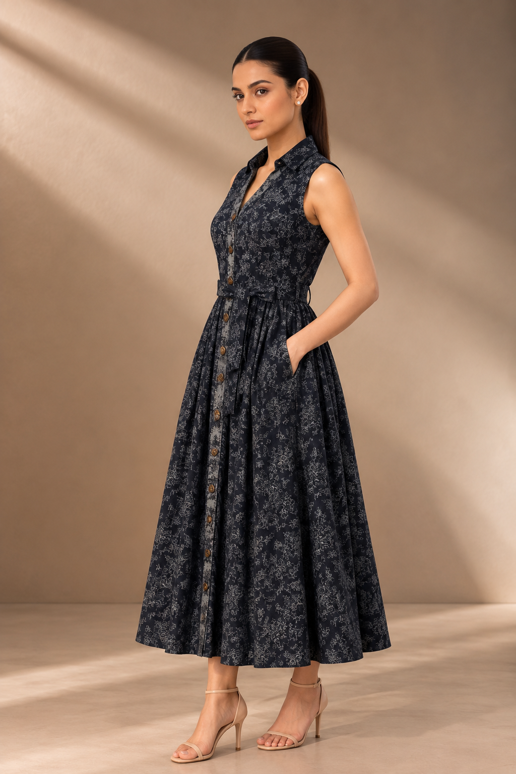 BLACK COTTON JACQUARD THREADWORK DRESS