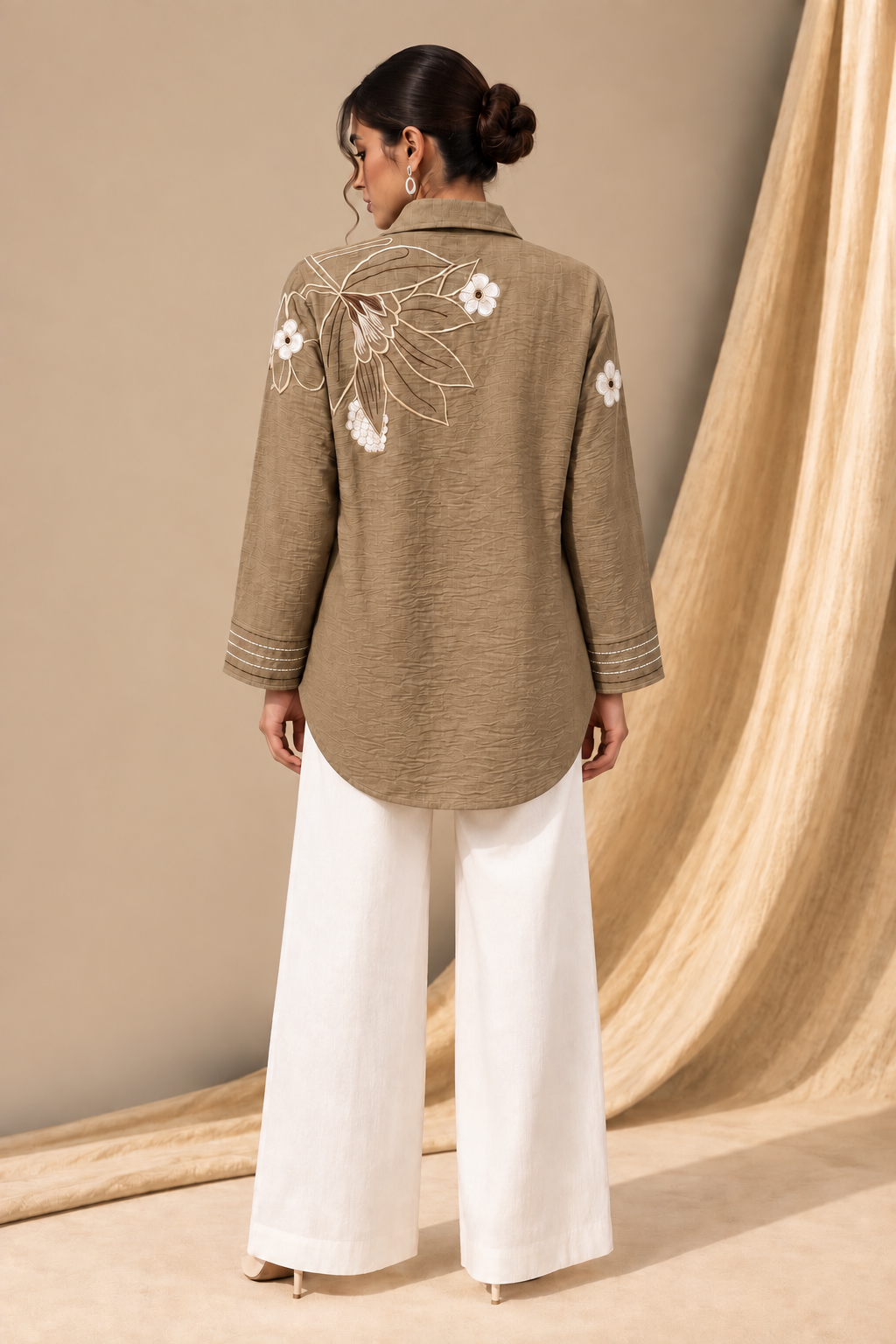 BEIGE TEXTURED THREADWORK SHIRT