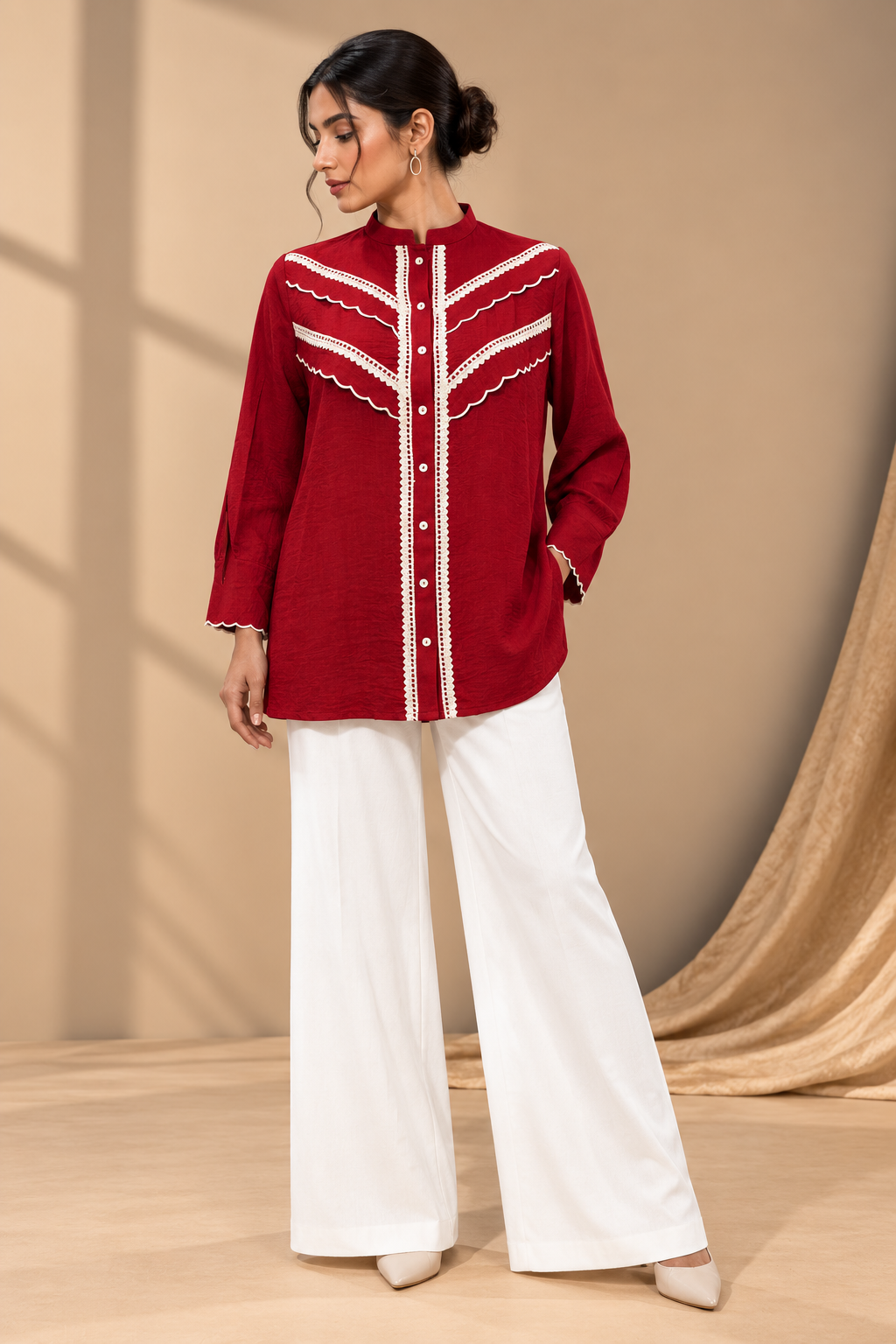 CRIMSON SCALLOP- TRIM SHIRT