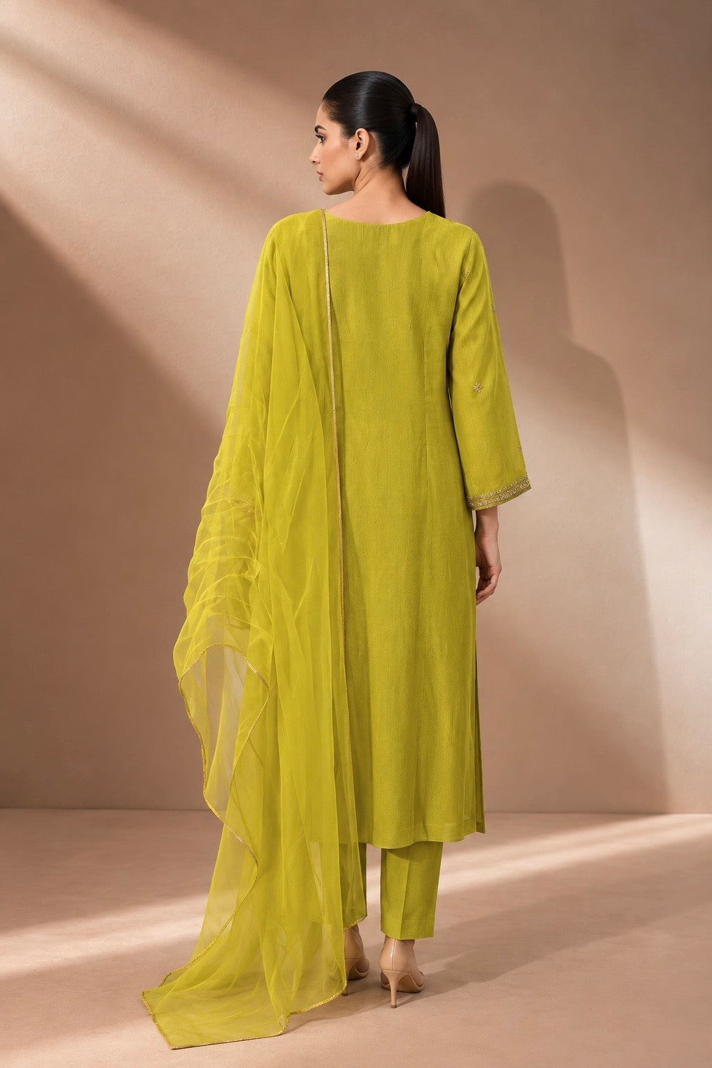 LIME TEXTURED EMBROIDERED KURTA SET