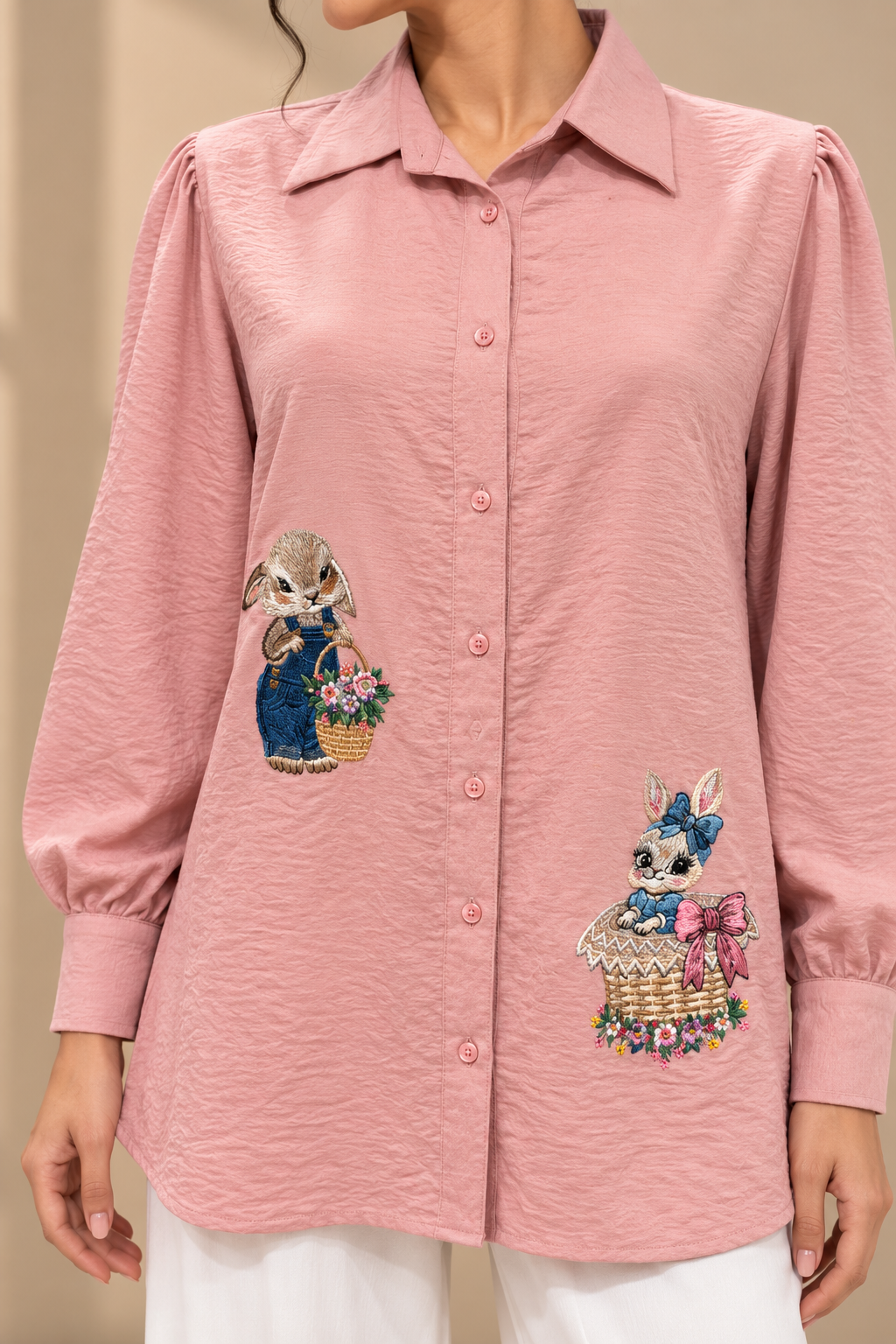 BLUSH PINK RABIT EMBROIDERED SHIRT
