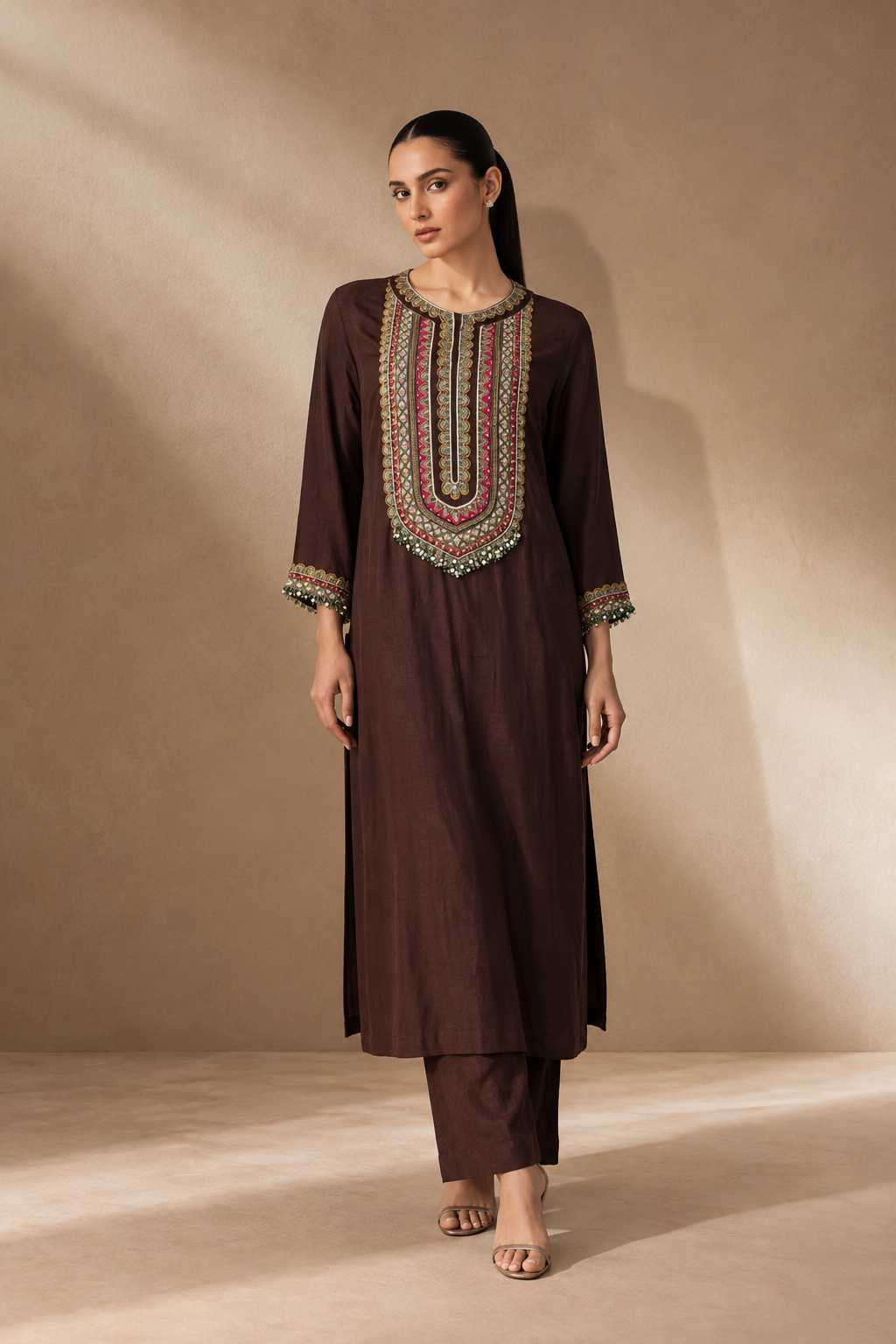 CHOCOLATE BROWN EMBROIDERED KURTA SET