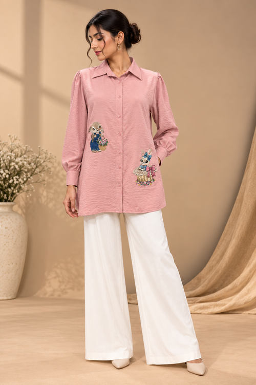 BLUSH PINK RABIT EMBROIDERED SHIRT