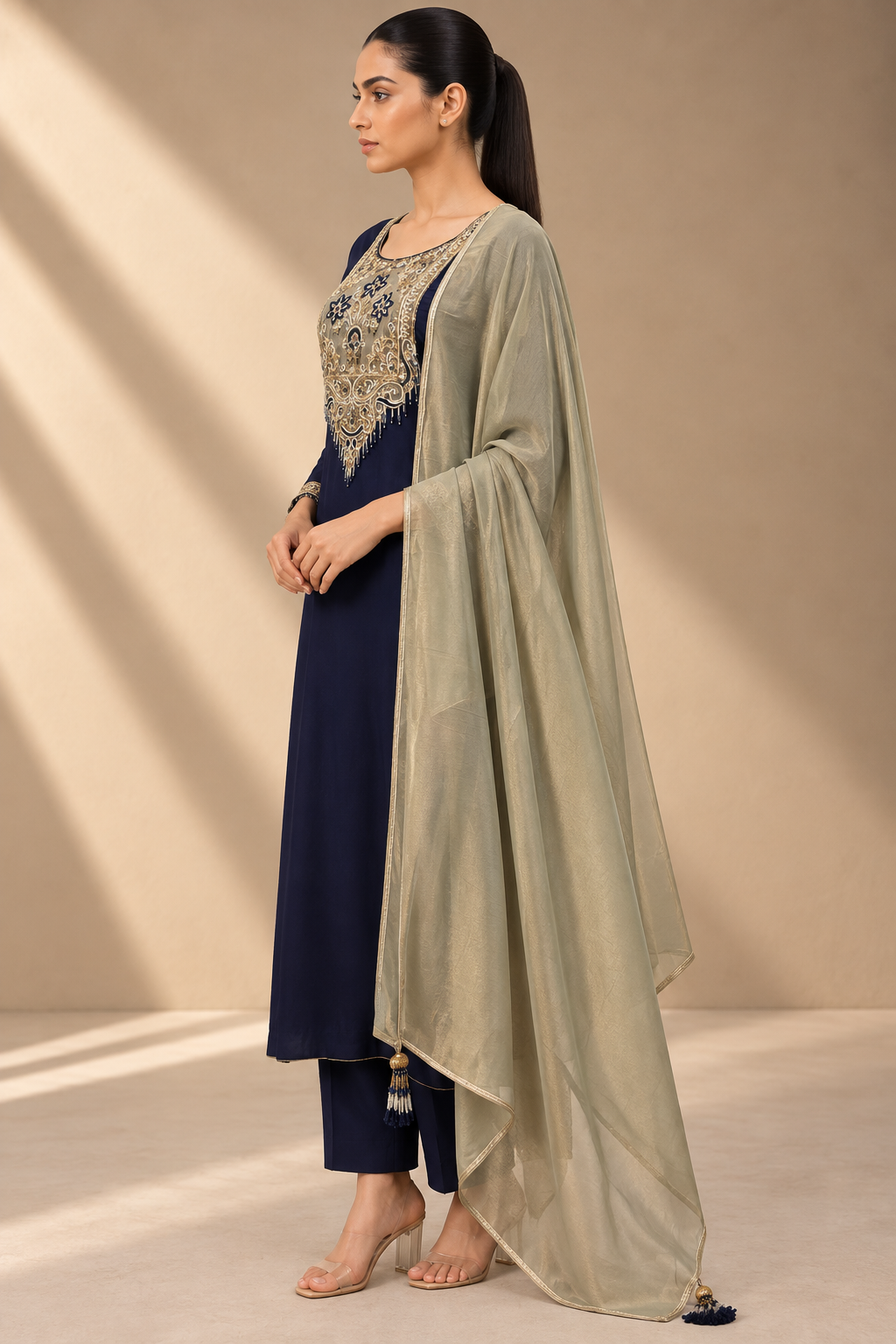 NAVY BLUE EMBROIDERED KURTA SET
