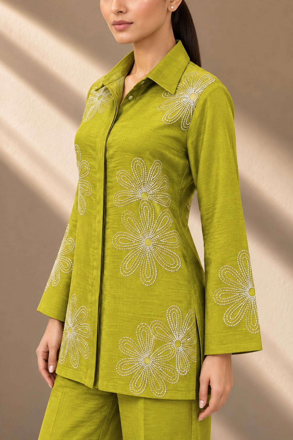 LIME GREEN FLORAL EMBROIDERED CO-ORD SET
