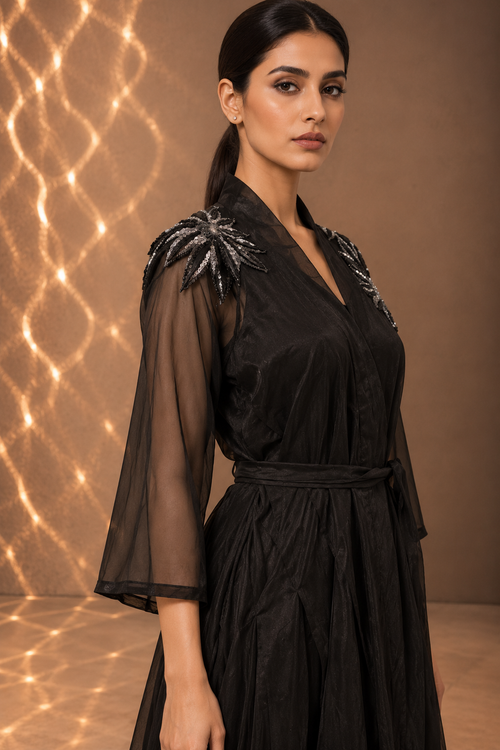 BLACK ORGANZA OVERLAY MAXI DRESS