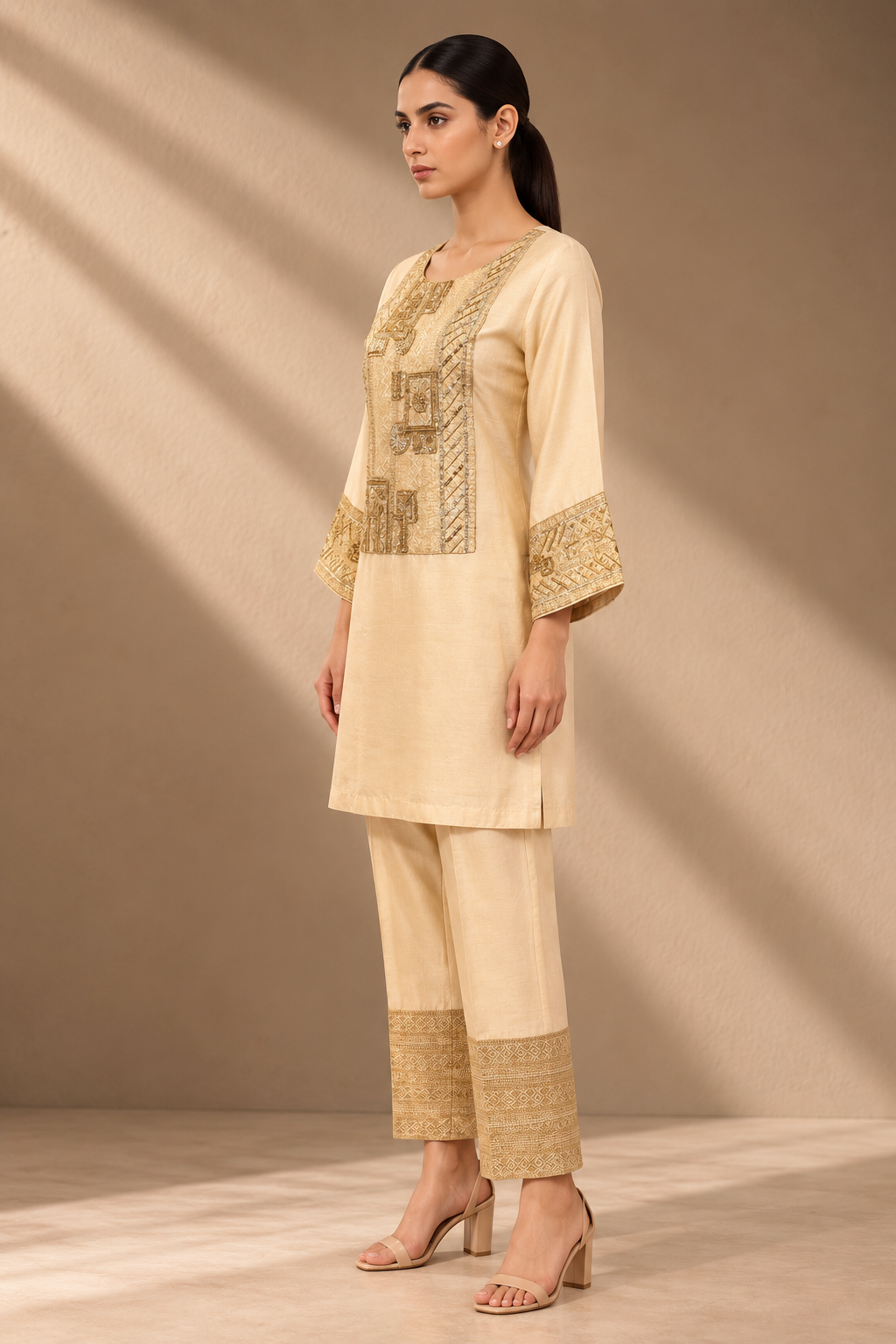 IVORY ANTIQUE EMBROIDERED SILK CO-ORD SET