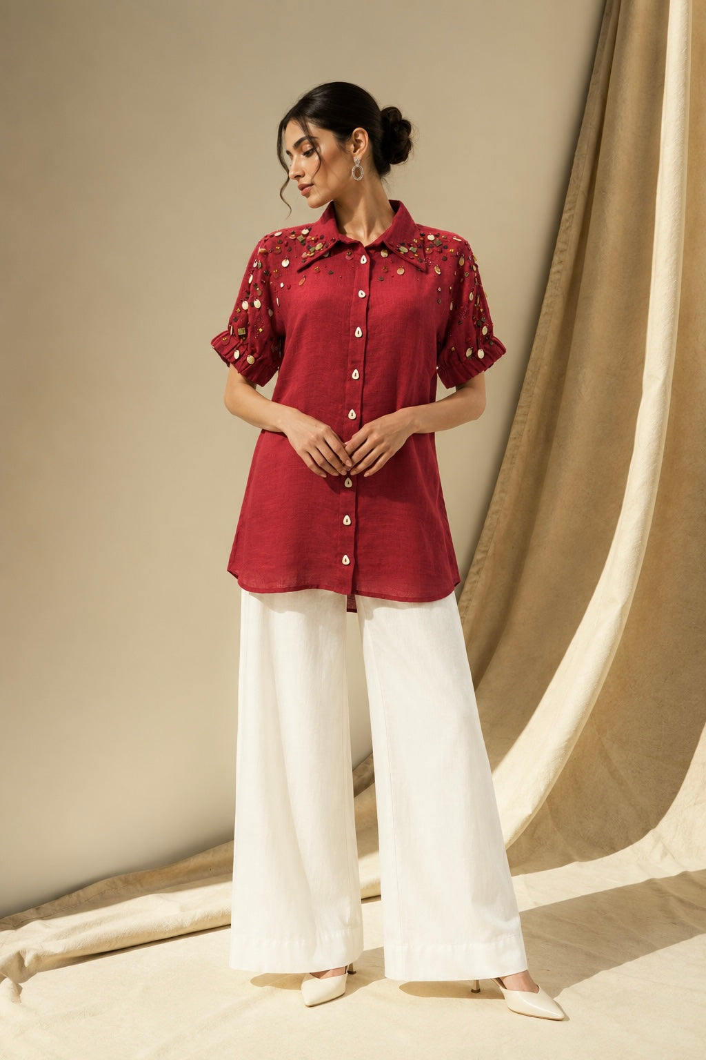 DEEP BERRY RED LINEN EMBROIDERED SHIRT