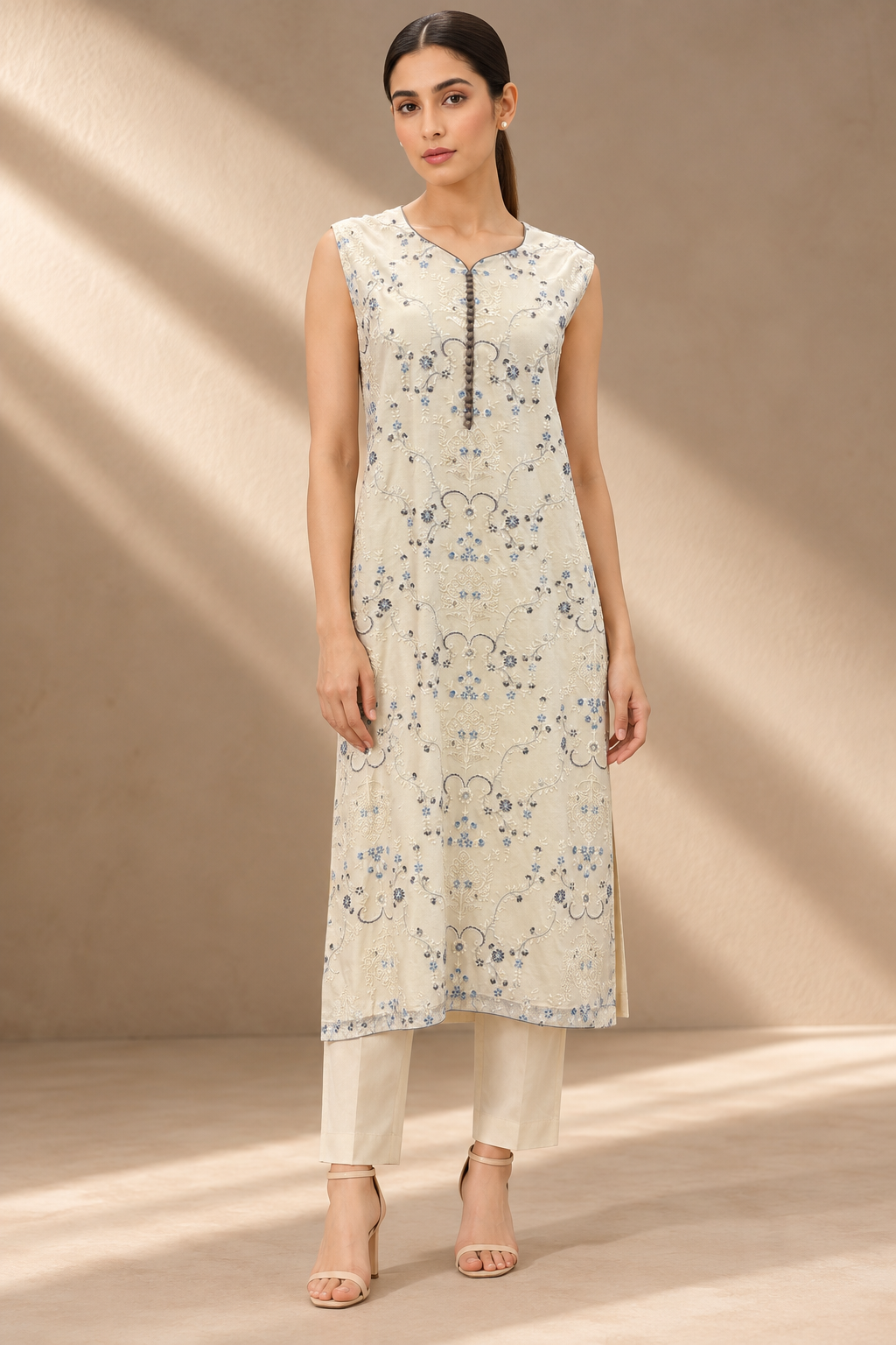 IVORY FLORAL EMBROIDERED CHANDERI SET