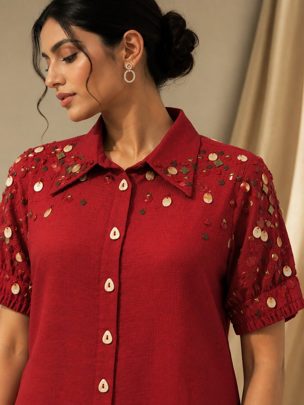 DEEP BERRY RED LINEN EMBROIDERED SHIRT