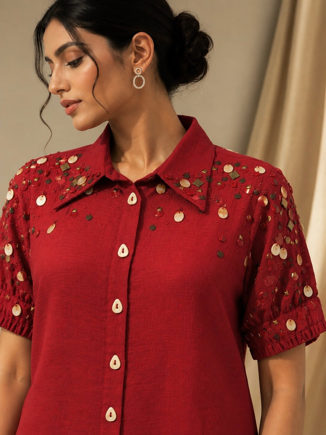 DEEP BERRY RED LINEN EMBROIDERED SHIRT