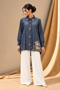 INDIGO SOFT DENIM FLORAL EMBROIDERED SHIRT