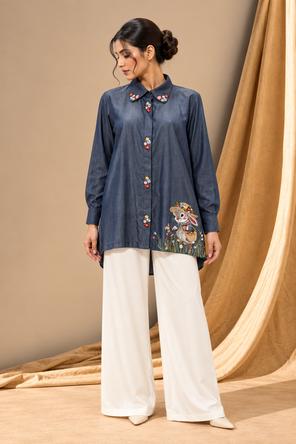 INDIGO SOFT DENIM FLORAL EMBROIDERED SHIRT
