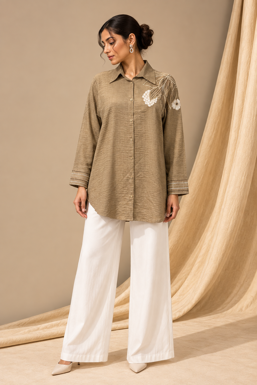 BEIGE TEXTURED THREADWORK SHIRT