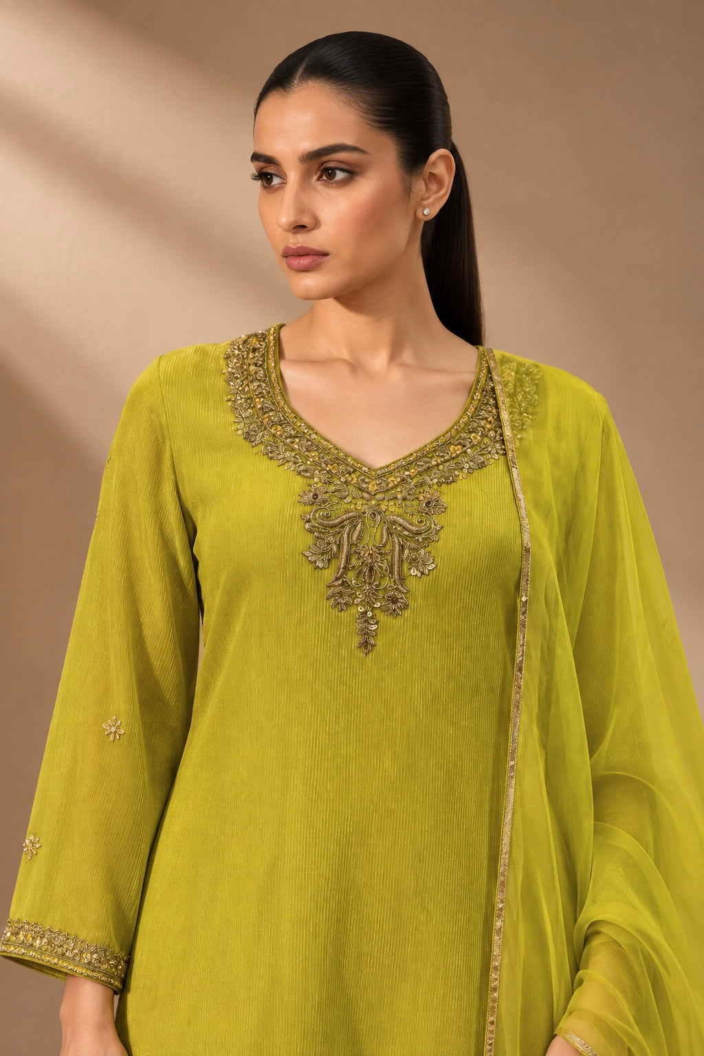 LIME TEXTURED EMBROIDERED KURTA SET